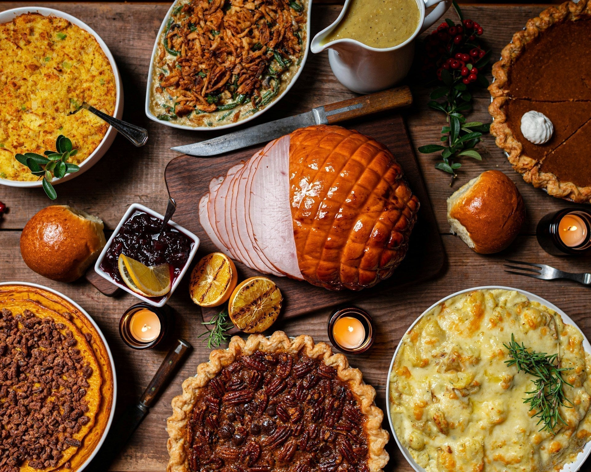 Thanksgiving meal with ham
